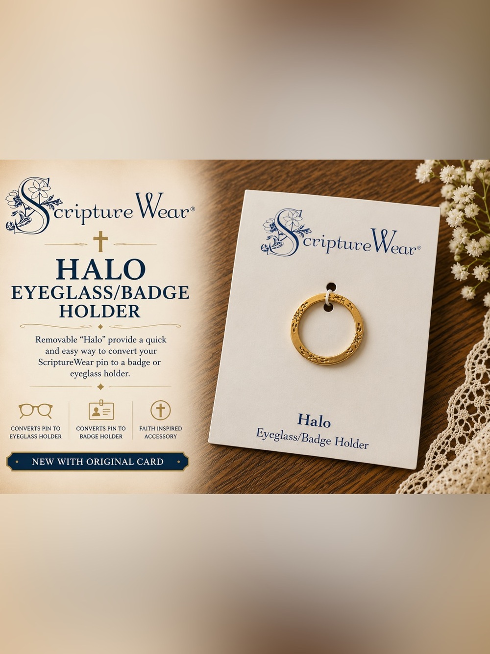 NWT ScriptureWear Halo Eyeglass & Badge Holder Gold Tone Christian Accessory